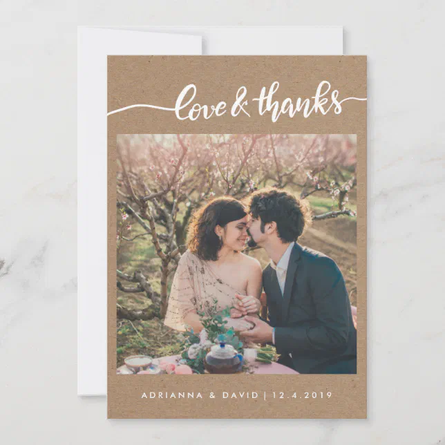 Kraft Paper Photo Wedding Love And Thanks Script Thank You Card | Zazzle
