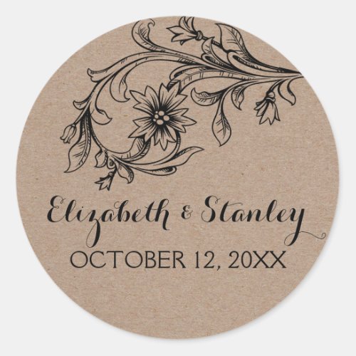 Kraft paper rustic floral wedding Save the Date Classic Round Sticker
