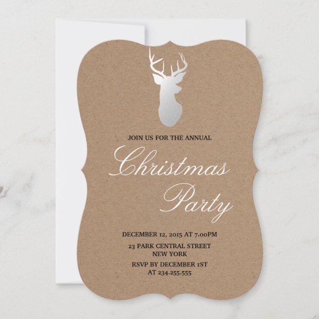 Kraft Paper Silver Antler Rustic Christmas Party Invitation (Front)