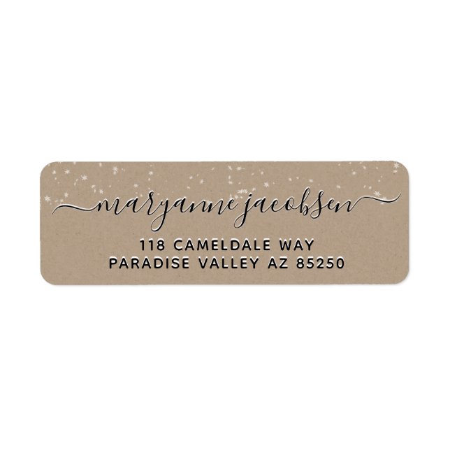 Kraft Paper Snowing Script Winter Return Address Label (Front)