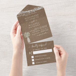 Kraft Paper String Lights Baby's Breath Wedding All In One Invitation