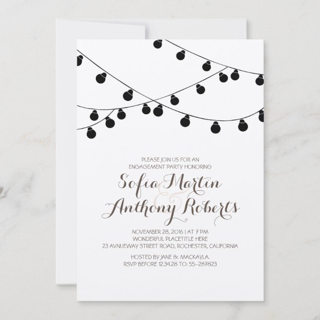 kraft paper string lights modern engagement party invitation (Front)
