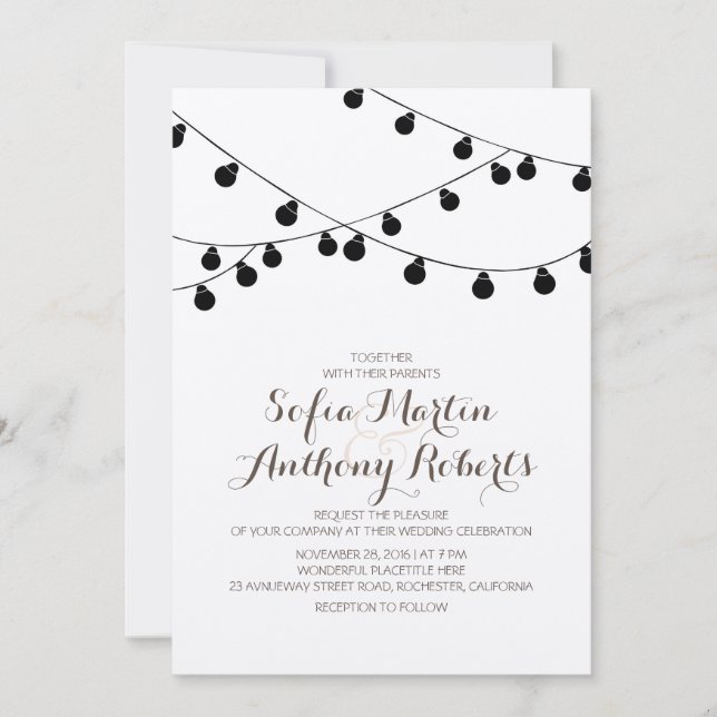kraft paper string lights modern wedding invites (Front)
