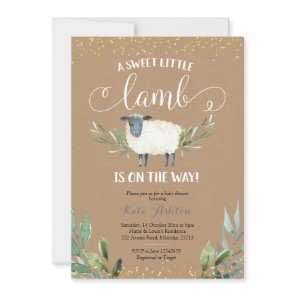 Kraft Paper Sweet Little Lamb Greenery Baby Shower Invitation