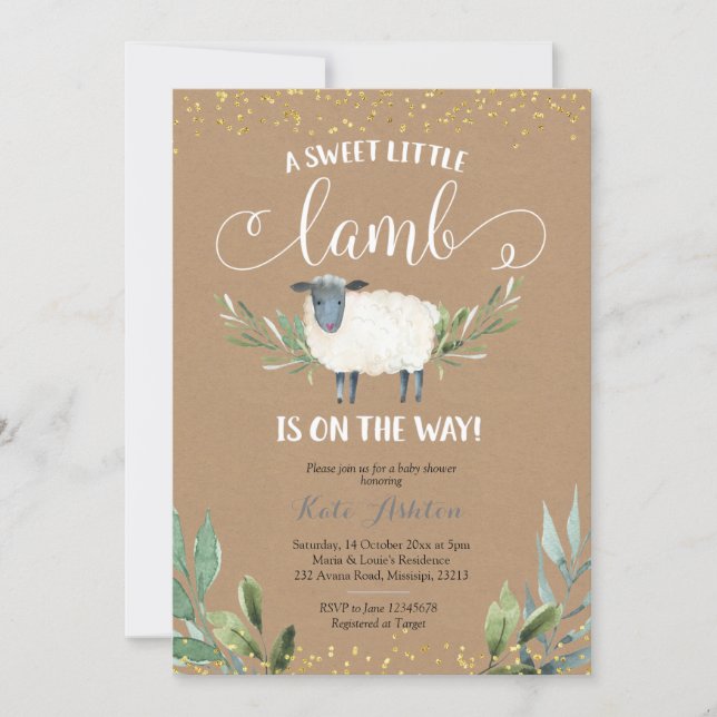 Kraft Paper Sweet Little Lamb Greenery Baby Shower Invitation (Front)