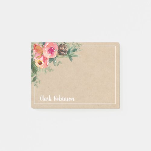 Kraft Paper Watercolor Flowers Pinecone Post_it Notes