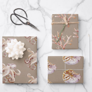 Kraft Paper Watercolor Octopus Coral Shell