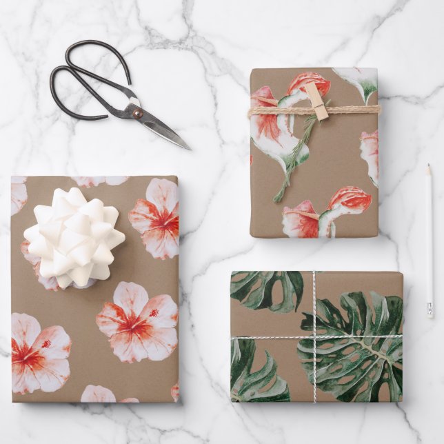 Kraft Paper Watercolor Tropical Hibiscus Monstera (Front)