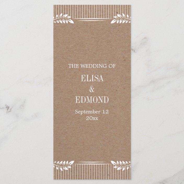 Kraft paper wedding program with white leaves