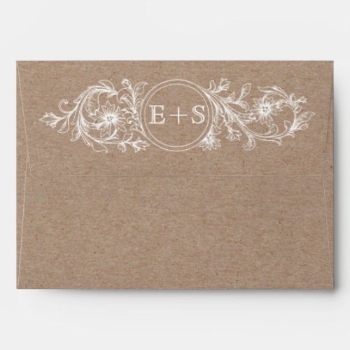 Kraft paper white vintage floral initials wedding envelope