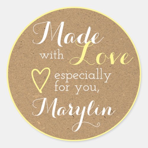 Kraft Paper Yellow Simple Made with Love Heart Classic Round Sticker