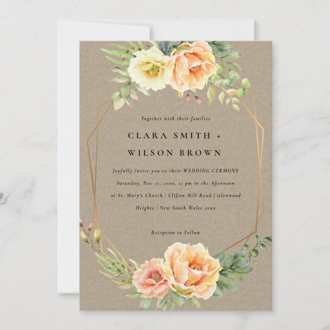 KRAFT PEACH DESERT SUCCULENT CACTI FOLIAGE WEDDING INVITATION (Front)