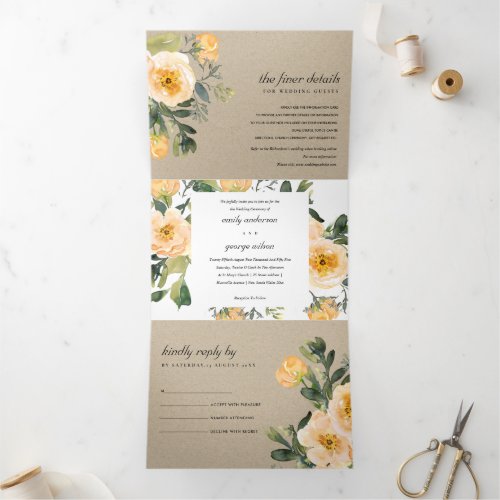 KRAFT PEACH PEONY FLORAL WATERCOLOR WEDDING Tri_Fold INVITATION