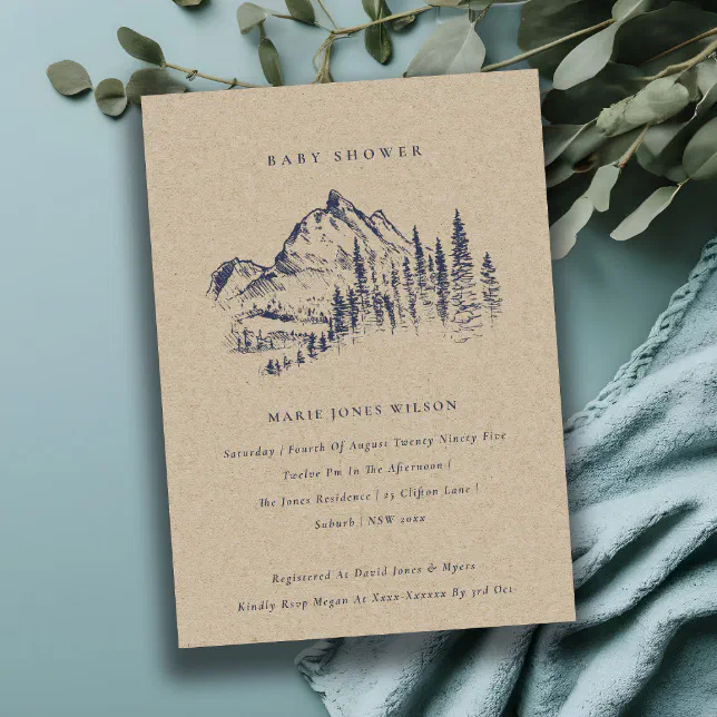 Kraft Pine Mountain Sketch Baby Shower Invite | Zazzle