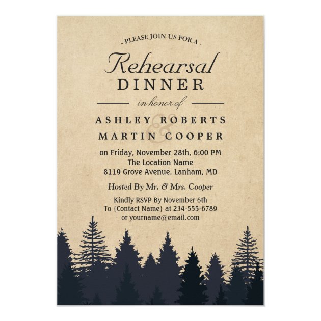 Kraft Pine Tree Winter Wedding Rehearsal Dinner Invitation
