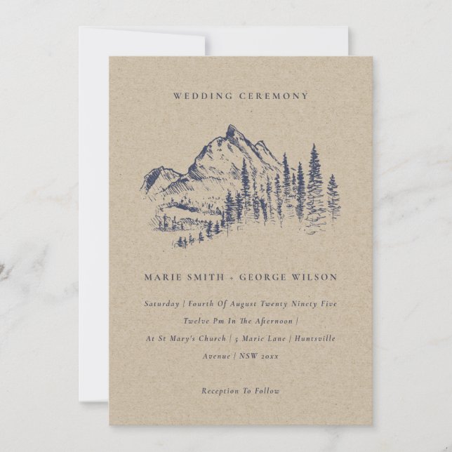 Kraft Pine Woods Mountain Sketch Wedding Invite (Front)