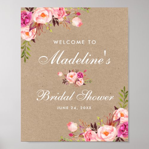 Kraft Pink Blush Floral Bridal Shower Welcome Poster