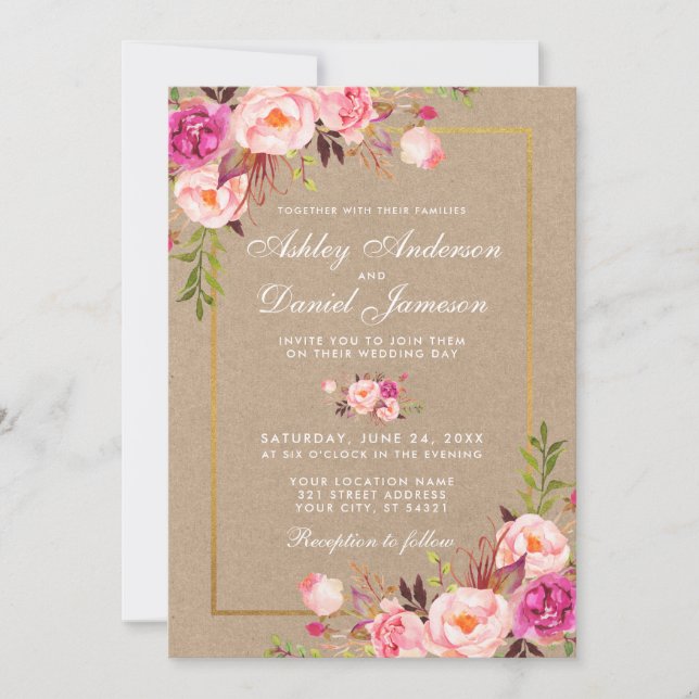 Kraft Pink Blush Floral Gold Wedding Invite (Front)