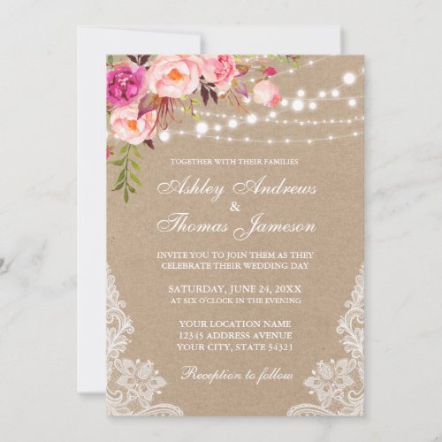 Kraft Pink Blush Floral Lights Lace Wedding Invite