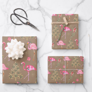 Kraft Pink Flamingos Mingling At A Christmas Party Wrapping Paper Sheets