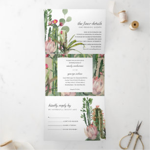 KRAFT PINK FLORAL CACTI FOLIAGE WATERCOLOR WEDDING Tri-Fold INVITATION