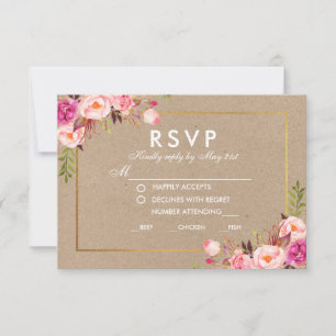 Kraft Pink Floral Gold RSVP Wedding Meal Card