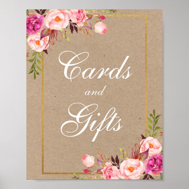 Kraft Pink Floral Gold Wedding Cards Gifts Poster (Front)