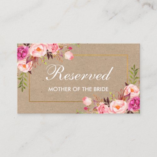 Kraft Pink Floral Gold Wedding Reserved Name Place Card