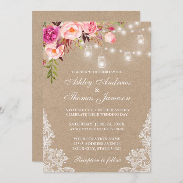 256275552564574302 Kraft Pink Floral Jar Lights Lace Wedding Invite