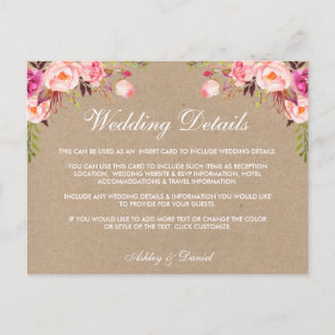 Kraft Pink Floral Wedding Details Insert Card