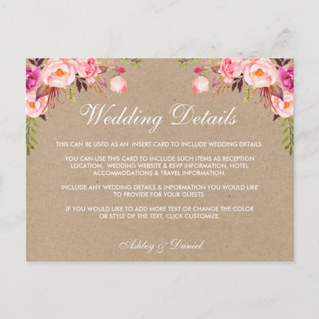 Kraft Pink Floral Wedding Details Insert Card (Front)
