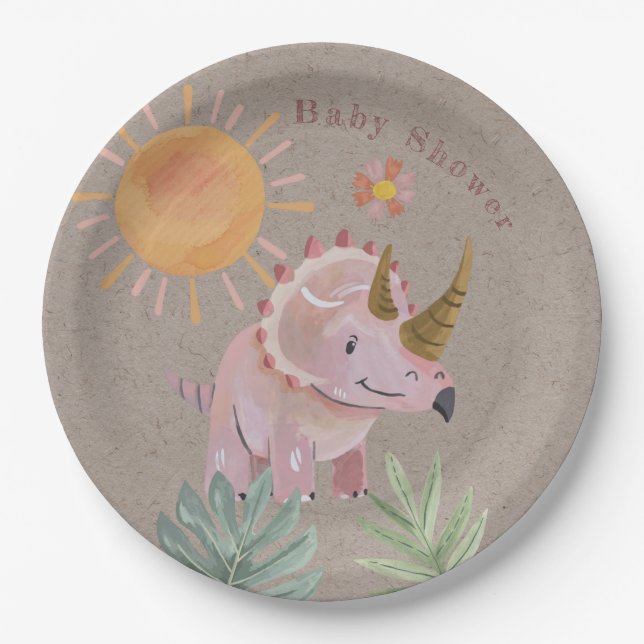 Kraft Pink Triceratops Dinisaur Girl Baby Shower Paper Plates (Front)