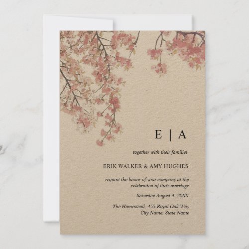 Kraft Pink watercolor Cherry Blossom Wedding Invitation