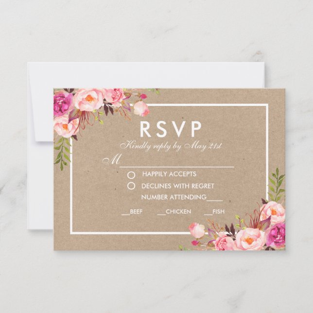 Kraft Pink Watercolor Floral RSVP Wedding Meal Card (Front)
