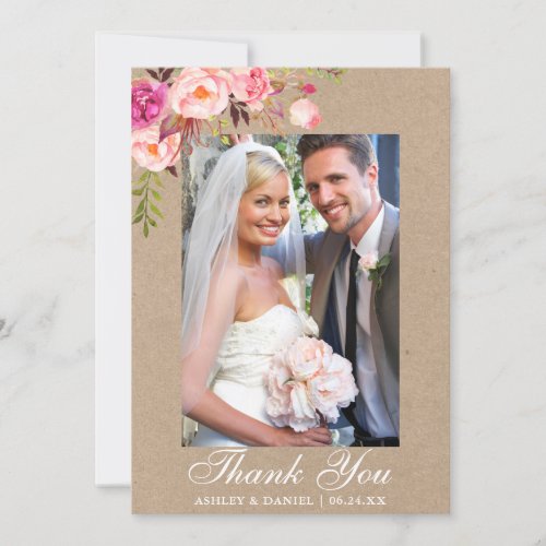 Kraft Pink Watercolor Floral Wedding Photo Thank You Card