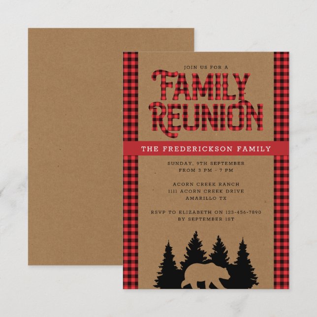 Kraft Plaid Bear Rustic Family Reunion Invitation (Front/Back)