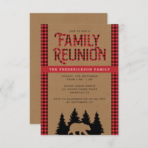 Kraft Plaid Bear Rustic Family Reunion Invitation