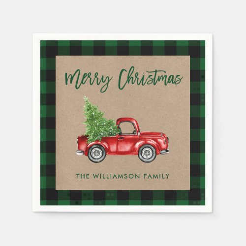 Kraft Plaid Brush Script Christmas Vintage Truck Napkins