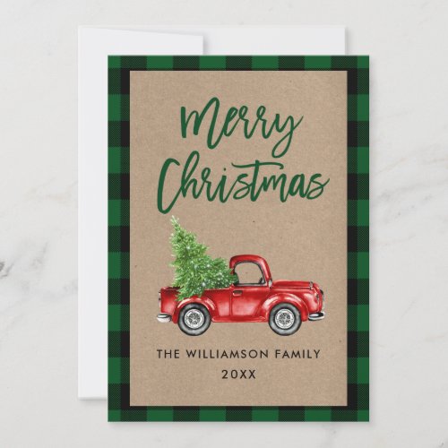 Kraft Plaid Brush Script Vintage Truck Christmas Holiday Card