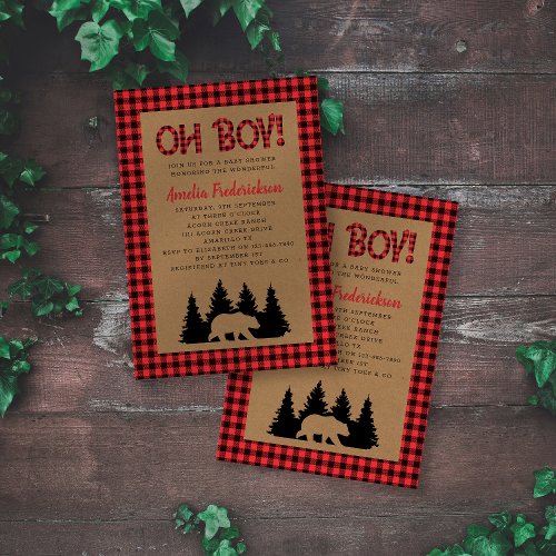 Kraft Plaid Oh Boy Rustic Baby Shower Invitation