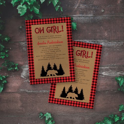 Kraft Plaid Oh Girl Rustic Baby Shower Invitation