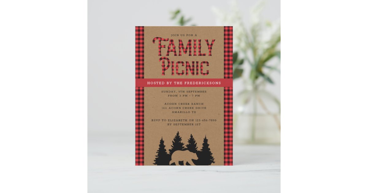 Kraft Plaid Rustic Family Picnic Invitation | Zazzle