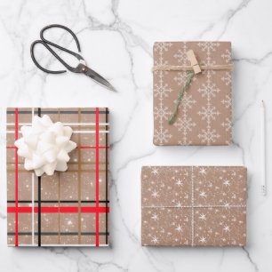 Kraft Plaid, Snowflakes and Stars  Wrapping Paper Sheets