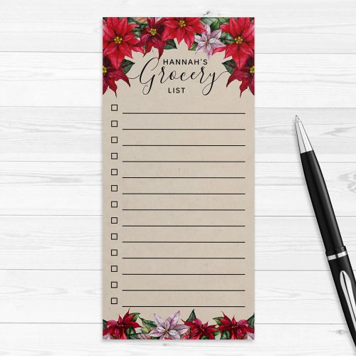 Kraft Poinsettia Watercolor Floral Grocery List Magnetic Notepad