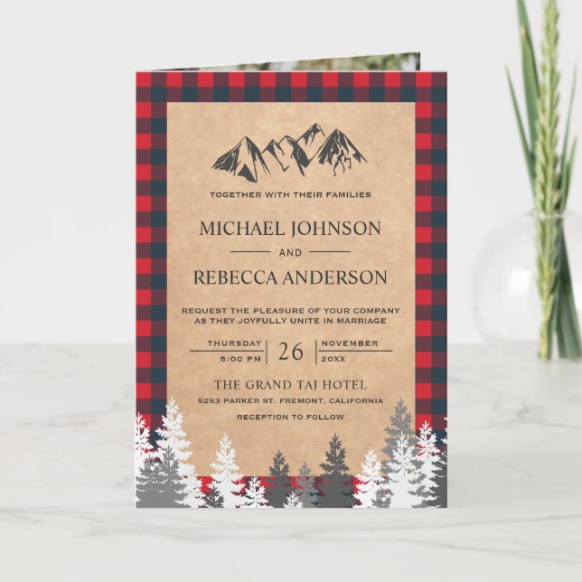 Kraft Red Buffalo Plaid Mountain QR Code Wedding Invitation (Front)