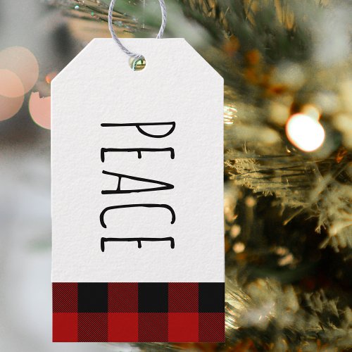 Kraft Red Buffalo Plaid  Peace Christmas  Gift Tags