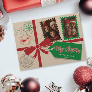 Kraft Red Green Gift Bow Photo Merry Christmas Holiday Card