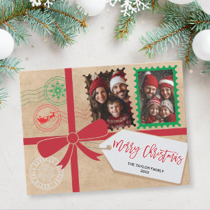 Kraft Red Green Gift Bow Photo Merry Christmas Holiday Postcard