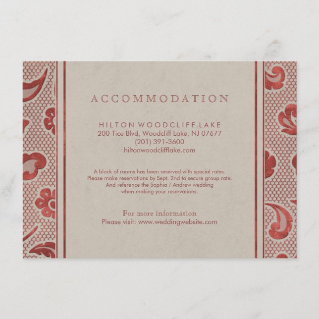 Kraft red Lace country wedding accommodation Enclosure Card (Front)