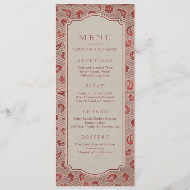 Kraft red Lace rustic country wedding menu (Front)